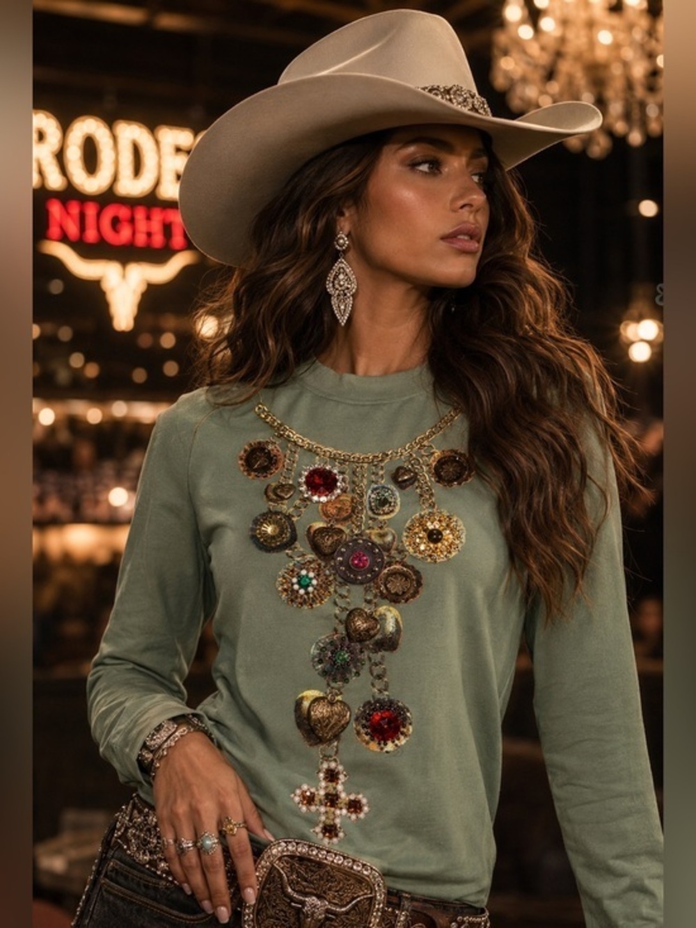Double D Ranch Trompe L’Oeil Necklace Tee | Designer Western Luxe Rodeo Top XS
